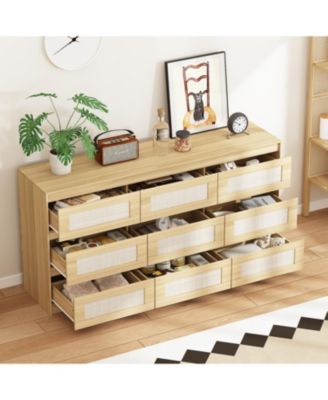 9-Drawer Rattan Bedroom Dresser, Modern Chest with Deep Drawers