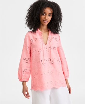 Women's 100% Linen Eyelet-Embroidered Blouson-Sleeve Top