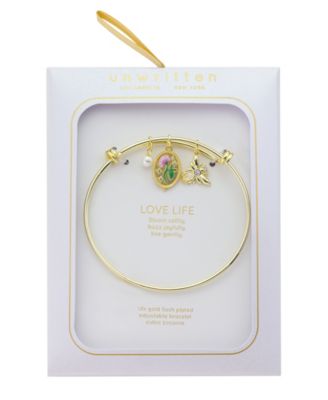 Cubic Zirconia and Mother of Pearl Flower and Bee Charm Bangle Bracelet