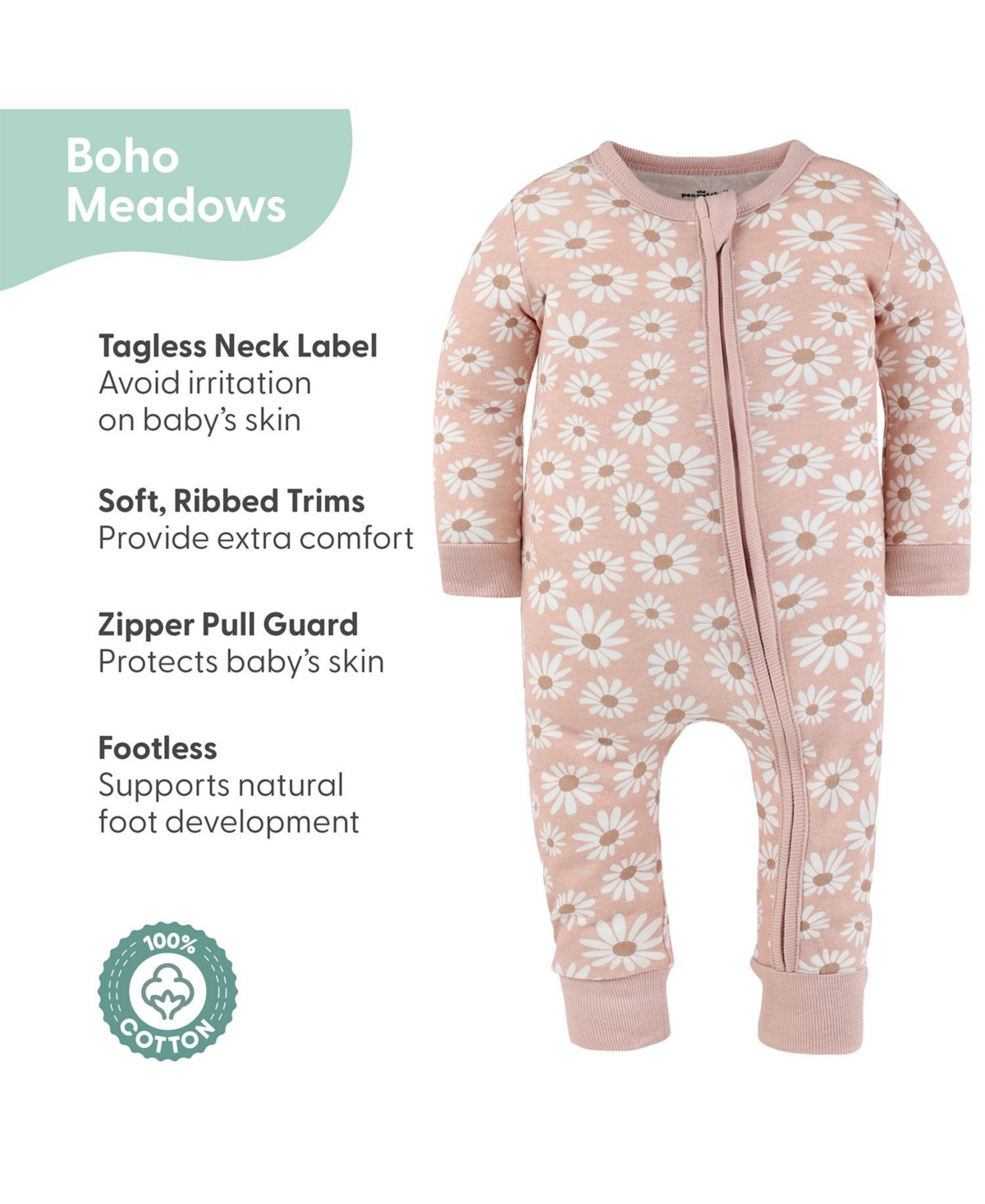 The Peanutshell Boho Meadow Cotton Footless Pajamas for Girls, 2 Pack