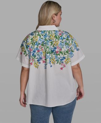 Plus Size Multi-Floral Woven Collared Top