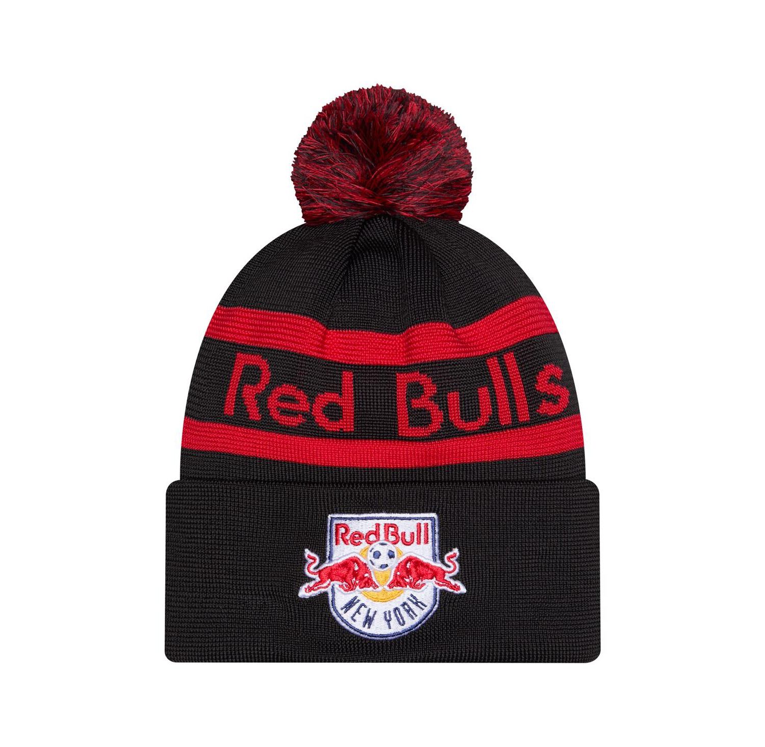 Men's Black New York Red Bulls 2026 Jersey Hook Cuffed with Pom Knit Hat