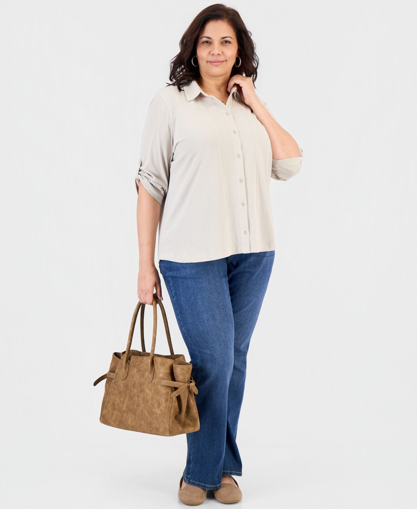 Женская рубашка Style & Co Plus Size Button-Front Collar Roll-Tab, цвет: Серо-бежевый — фото 2