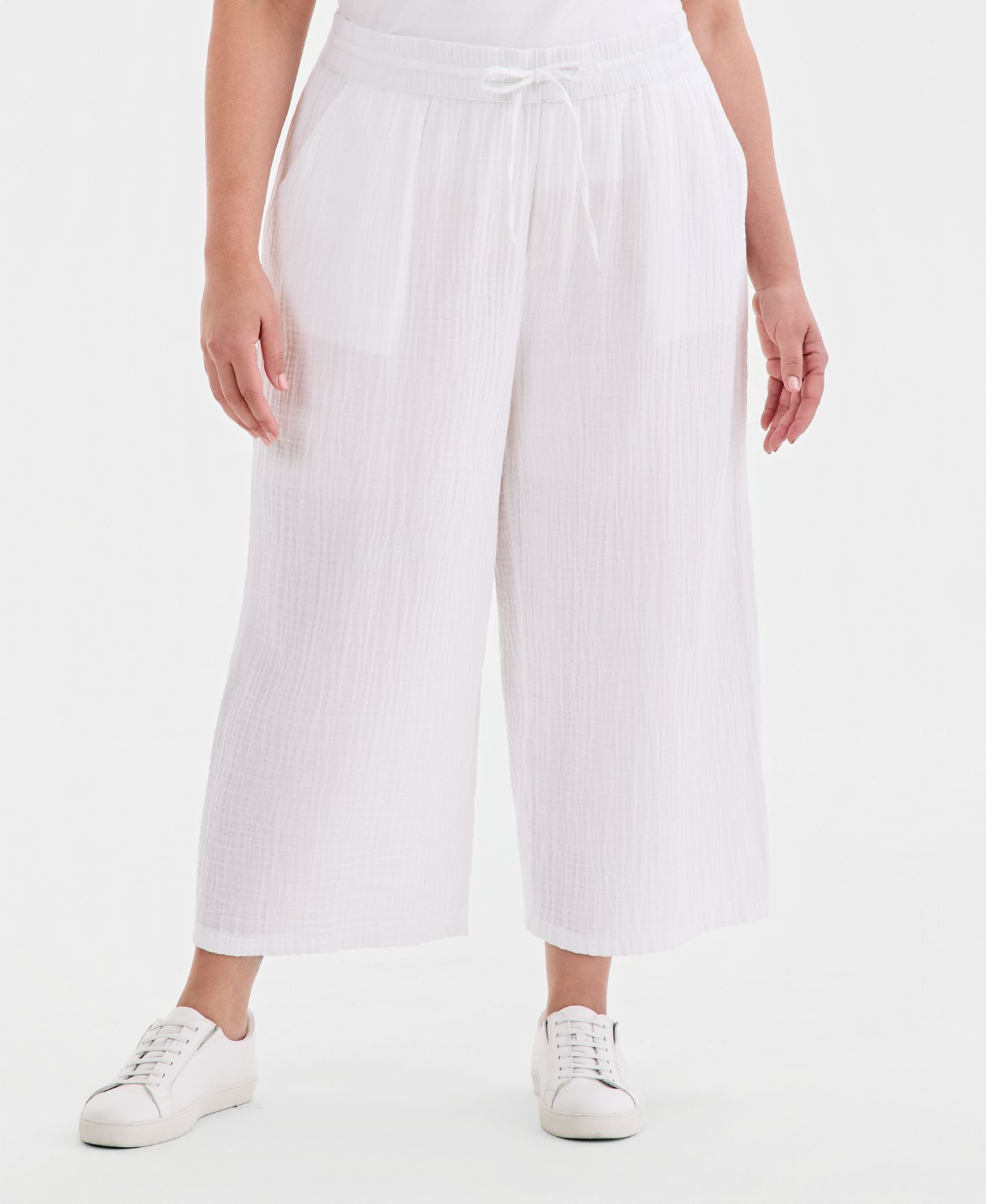 Женские брюки Style & Co Plus Size Cotton Gauze Wide-Leg Cropped Drawstring, цвет: Яркий белый — фото 3