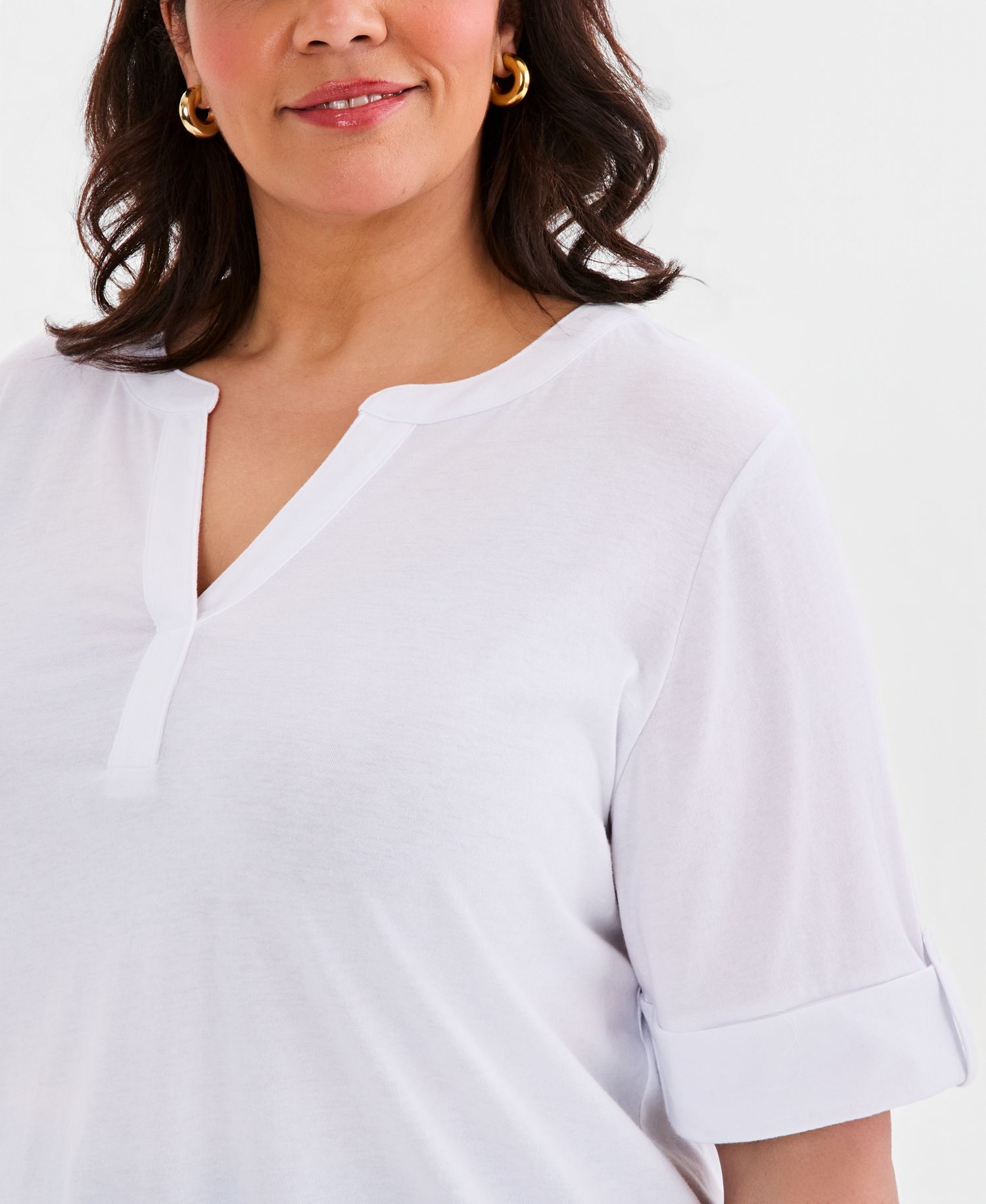 Plus Size Roll-Tab Split-Neck Elbow-Sleeve Tunic