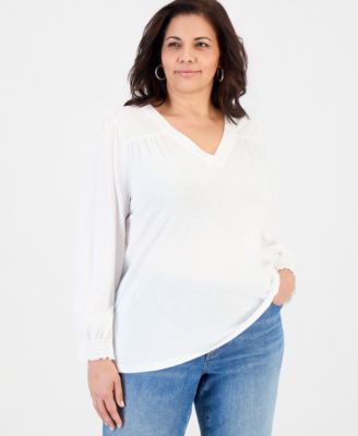 Plus Size V-Neck Smocked-Cuff Long-Sleeve Top