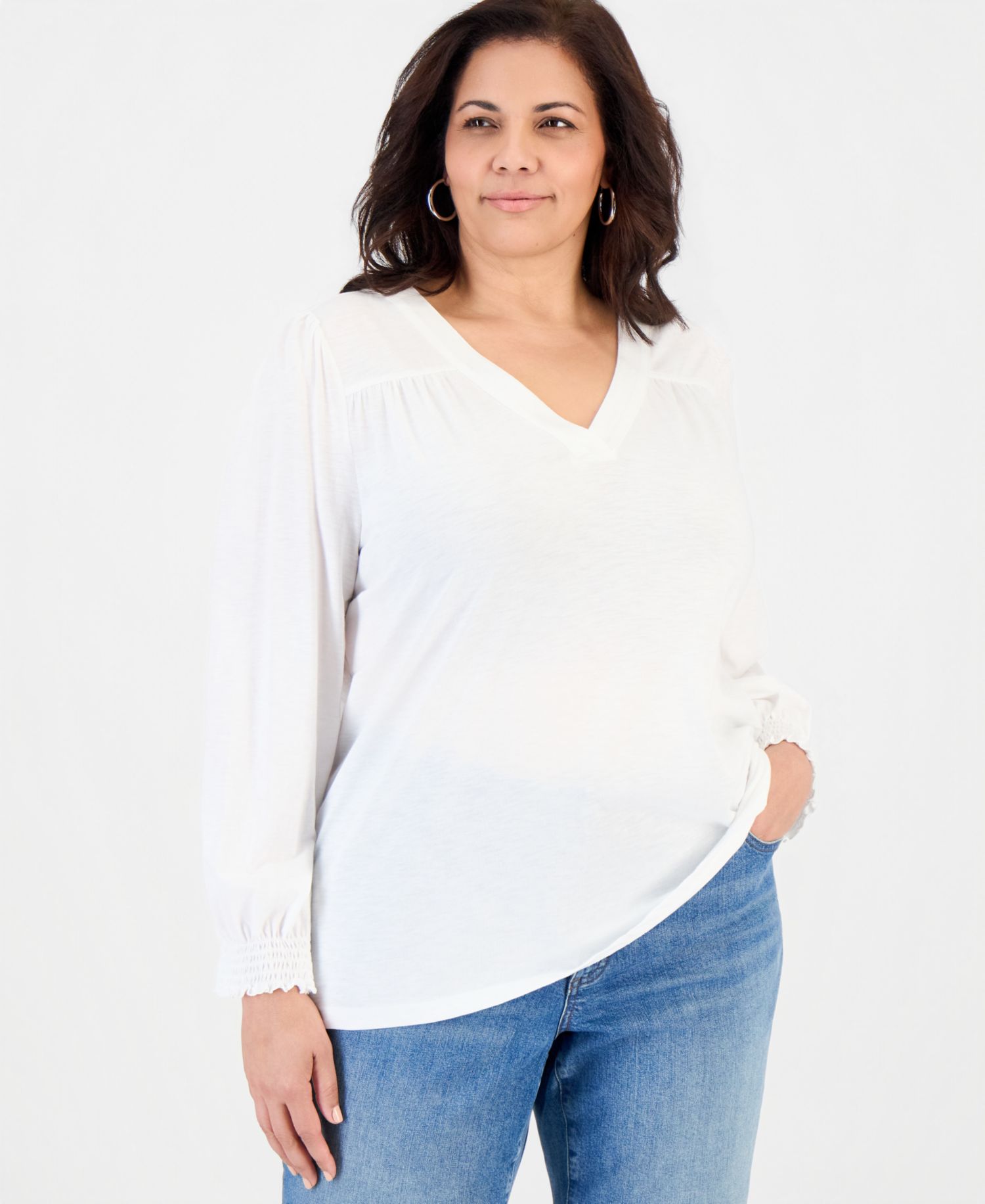 Plus Size Smocked-Cuff Long-Sleeve V-Neck Top