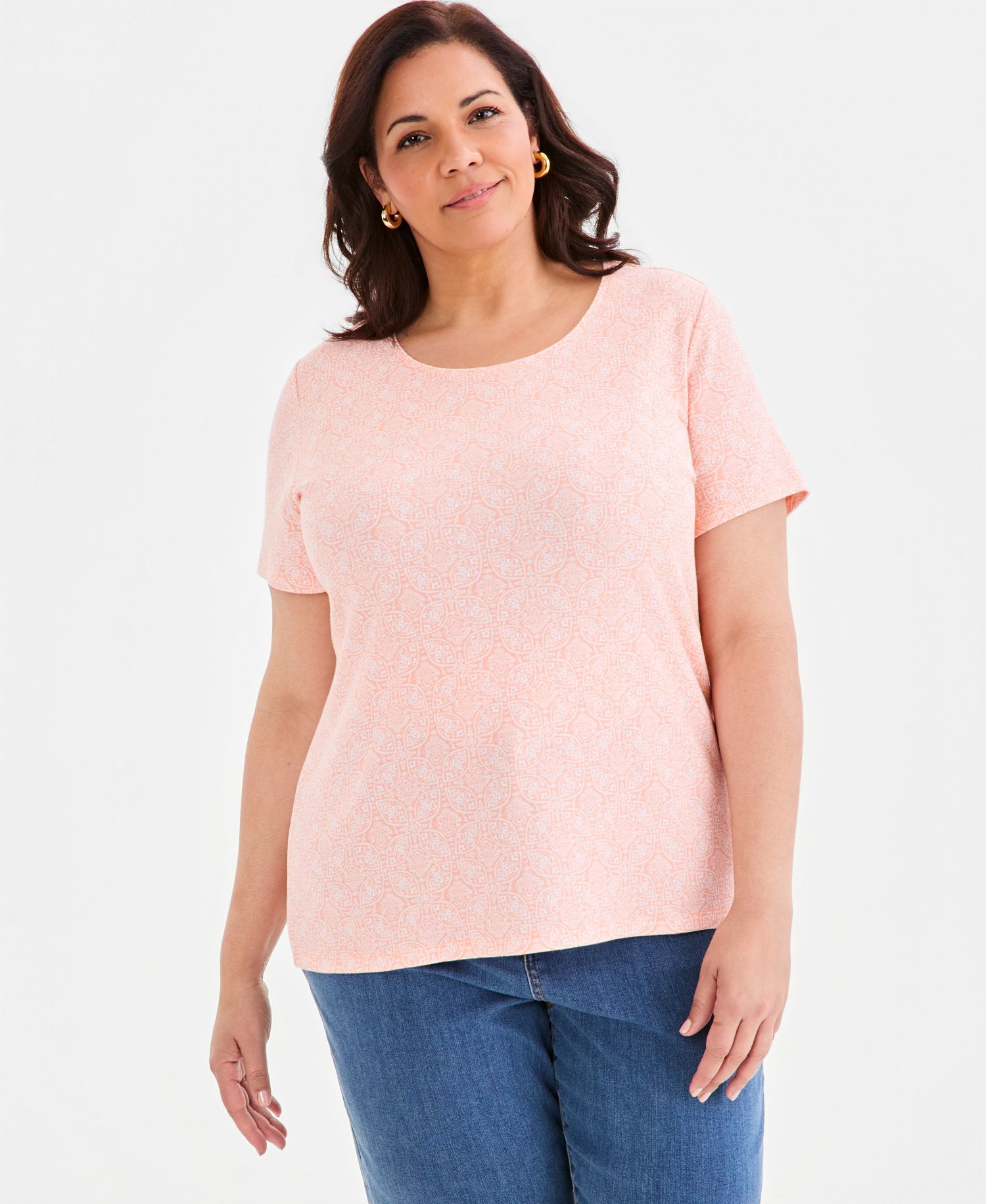 Plus Printed Short-Sleeve Scoop-Neck Top