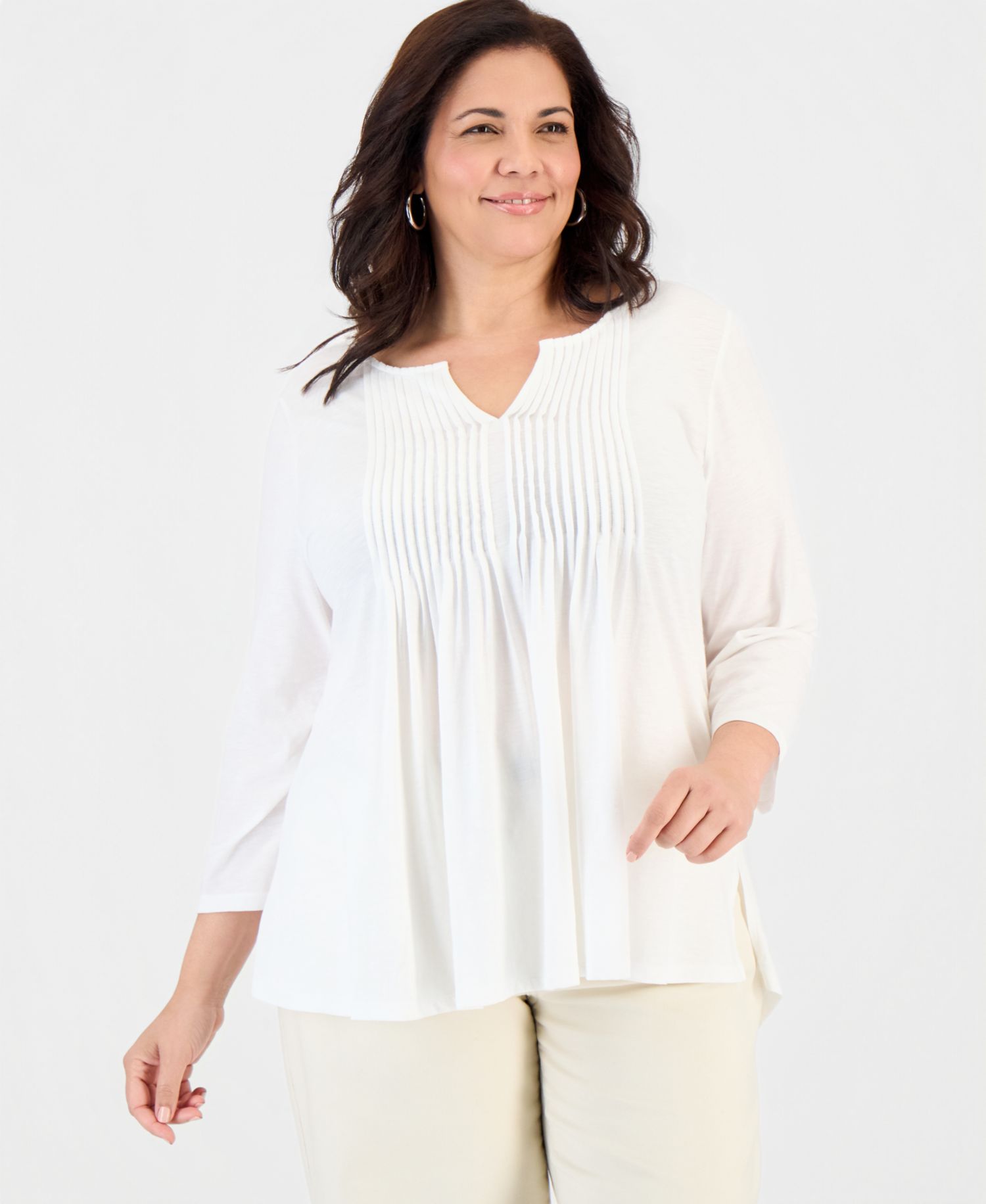 Plus Size Pintuck Split-Neck 3/4-Sleeve Top