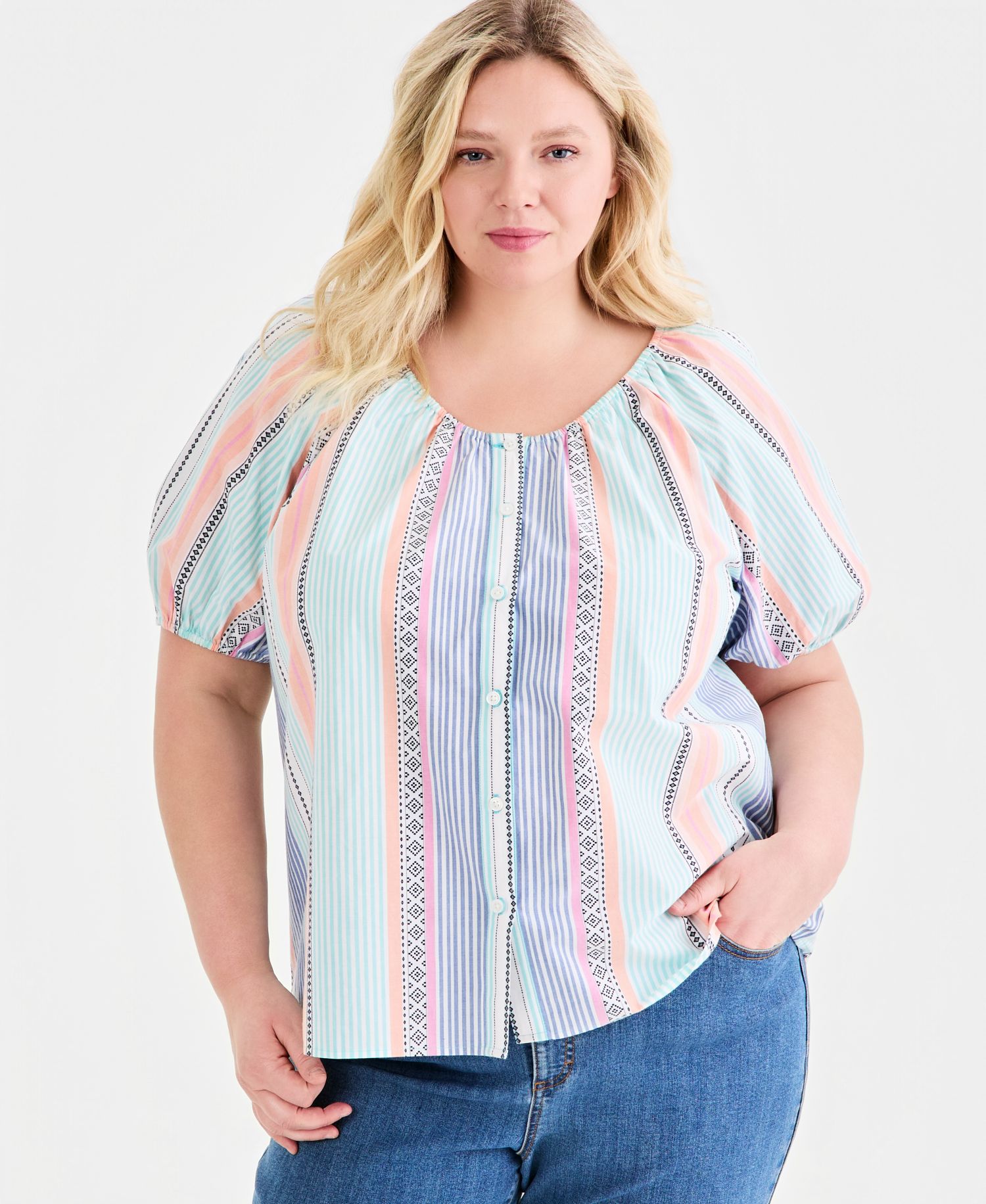 Plus Size Cotton Button-Front Puff-Sleeve Top
