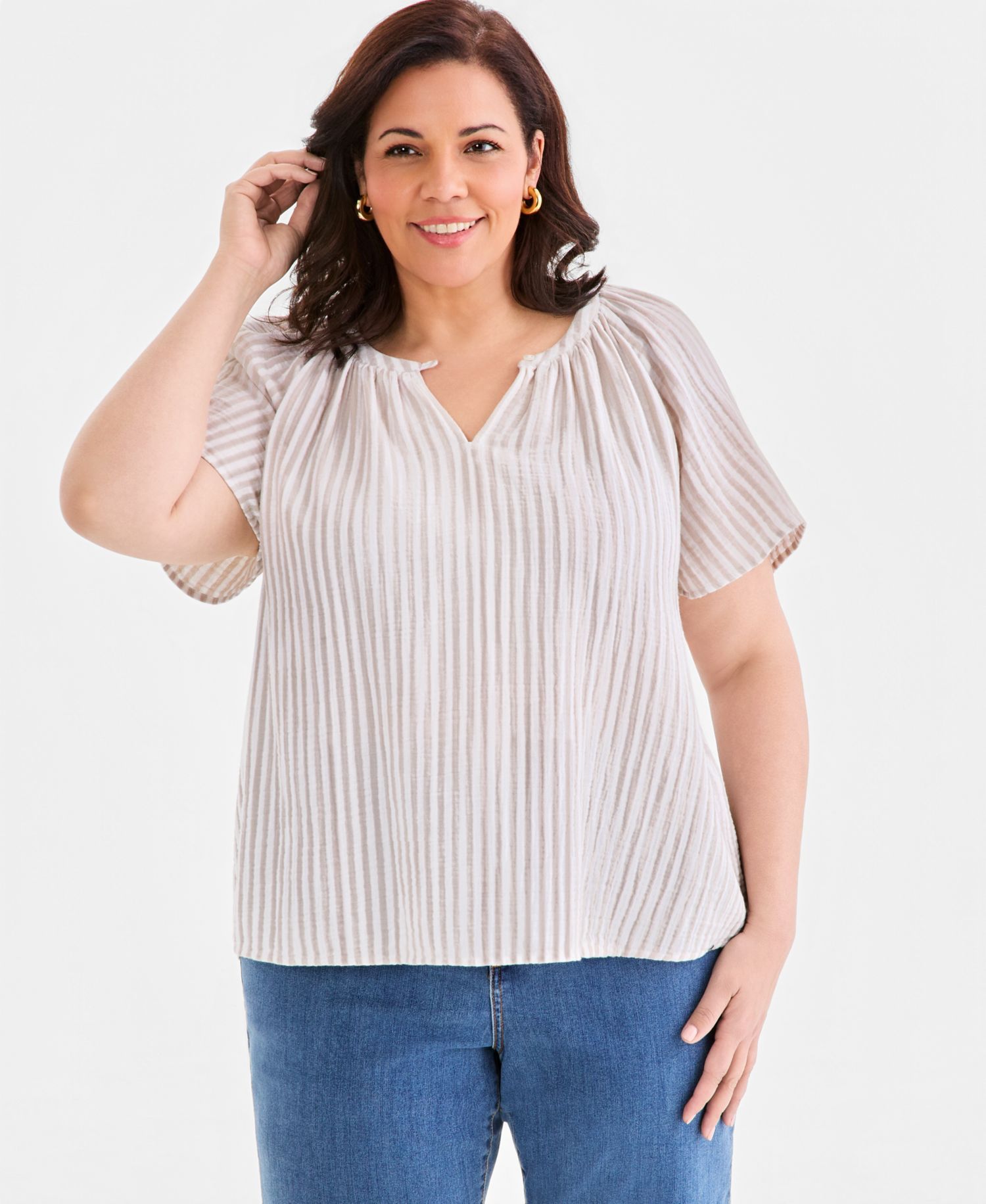 Petite Slit V-Neck Raglan-Sleeve Cotton Top