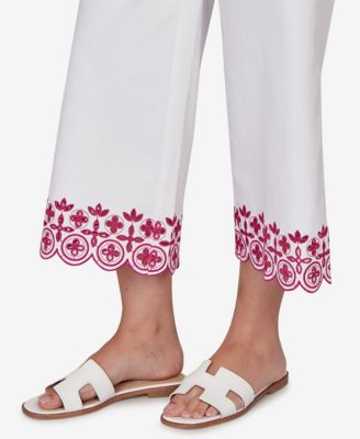 Petite Embroidered Hem Colored Denim Pull-On Crop Pants