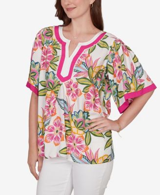 Petite Tropical Floral Trim Detail Top