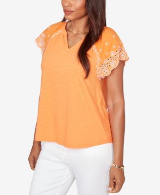 Petite Embroidered Sleeve Slub Knit T-Shirt