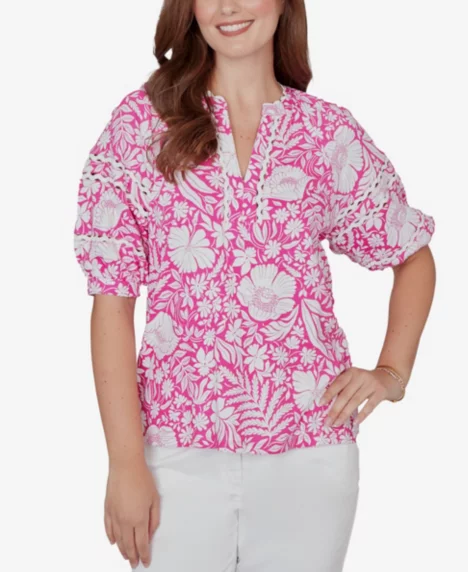 Petite Tropical Floral Trim Knit Top - Fuchsia Multi