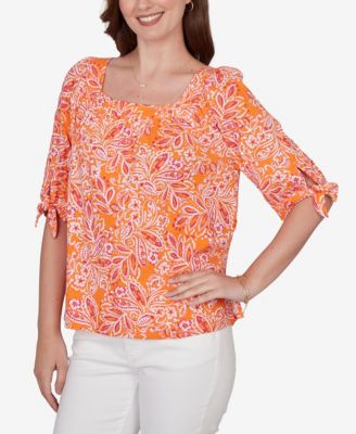 Petite Paisley Print Tie-Sleeve Knit Top