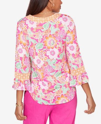 Petite Floral Puff Print Ruffle-Sleeve Knit Top