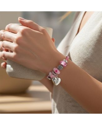Breast Cancer Pink Ribbon Heart Charm Live Laugh Love Bead Charm Leather Bracelet Sterling Silver