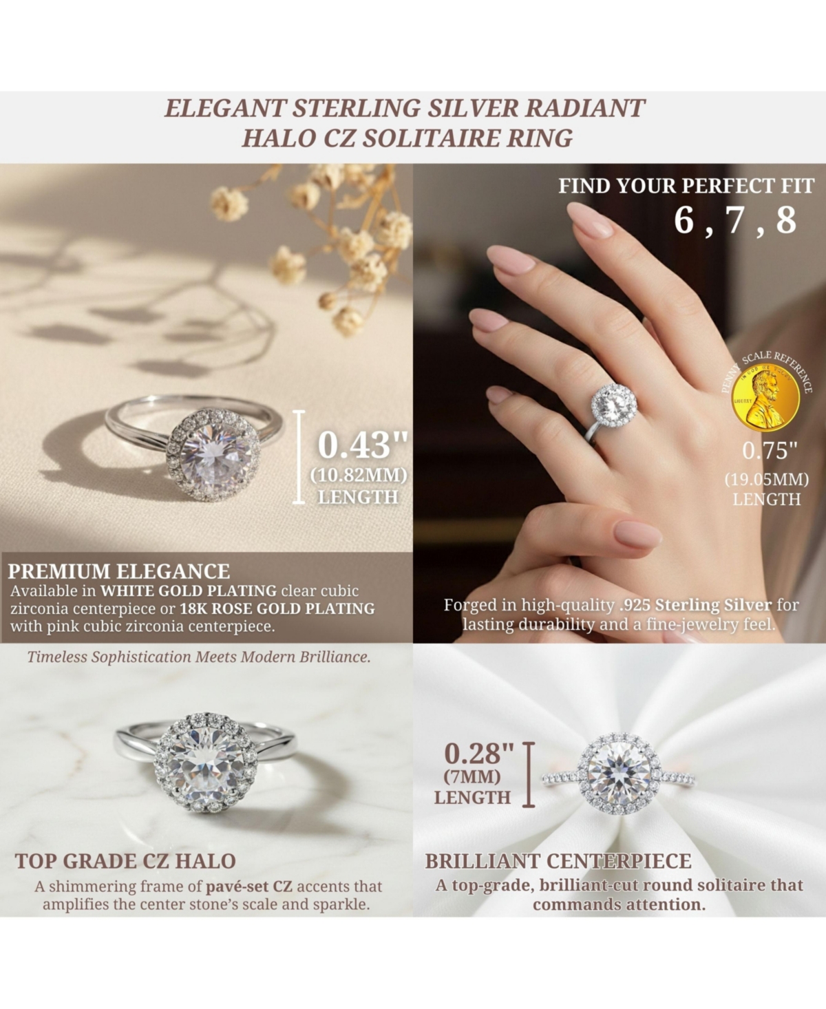 Sterling Silver White Gold Plated Halo Round Clear Cubic Zirconia Solitaire Ring