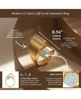 Modern 14k Gold Plated CZ Open Cuff Scroll Statement Ring