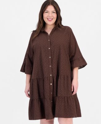 plus size brown shirt dress Plus Size Business Casual Brown Striped Shirt Collar Lantern Sleeve Long  Sleeve Contrast Elegant Asymmetric Hem Midi Dresses
