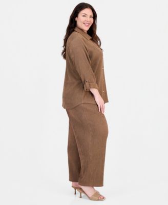 Anne Klein Plus Size Button Front Roll Tab Sleeve Shirt Pull On Wide Leg Pants In Cedar Spice