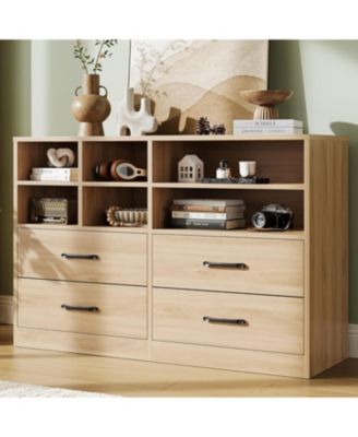 4 Drawer Dresser with 6 Open Cubbies 47 Inch Wide Organizer for Bedroom Modern TV Stand Adjustable Shelf Oak