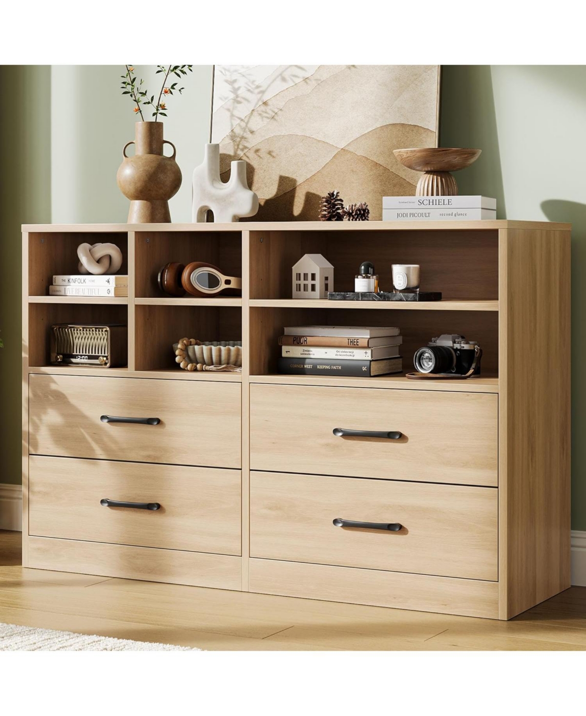 gaomon 4 Drawer Dresser with 6 Open Cubbies 47 Inch Wide Organizer for Bedroom Modern Tv Stand Adjustable Shelf Oak