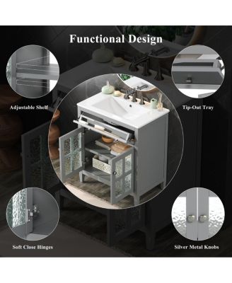 30" Bathroom Vanity with Sink, Modern Solid Wood Cabinet with Textured Glass Doors, Flip-Out Tray & Adjustable Shelf
