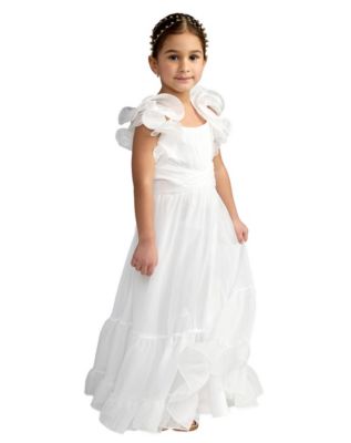Mac Duggal Big Girls Chiffon Ruffle Shoulder Dress - White