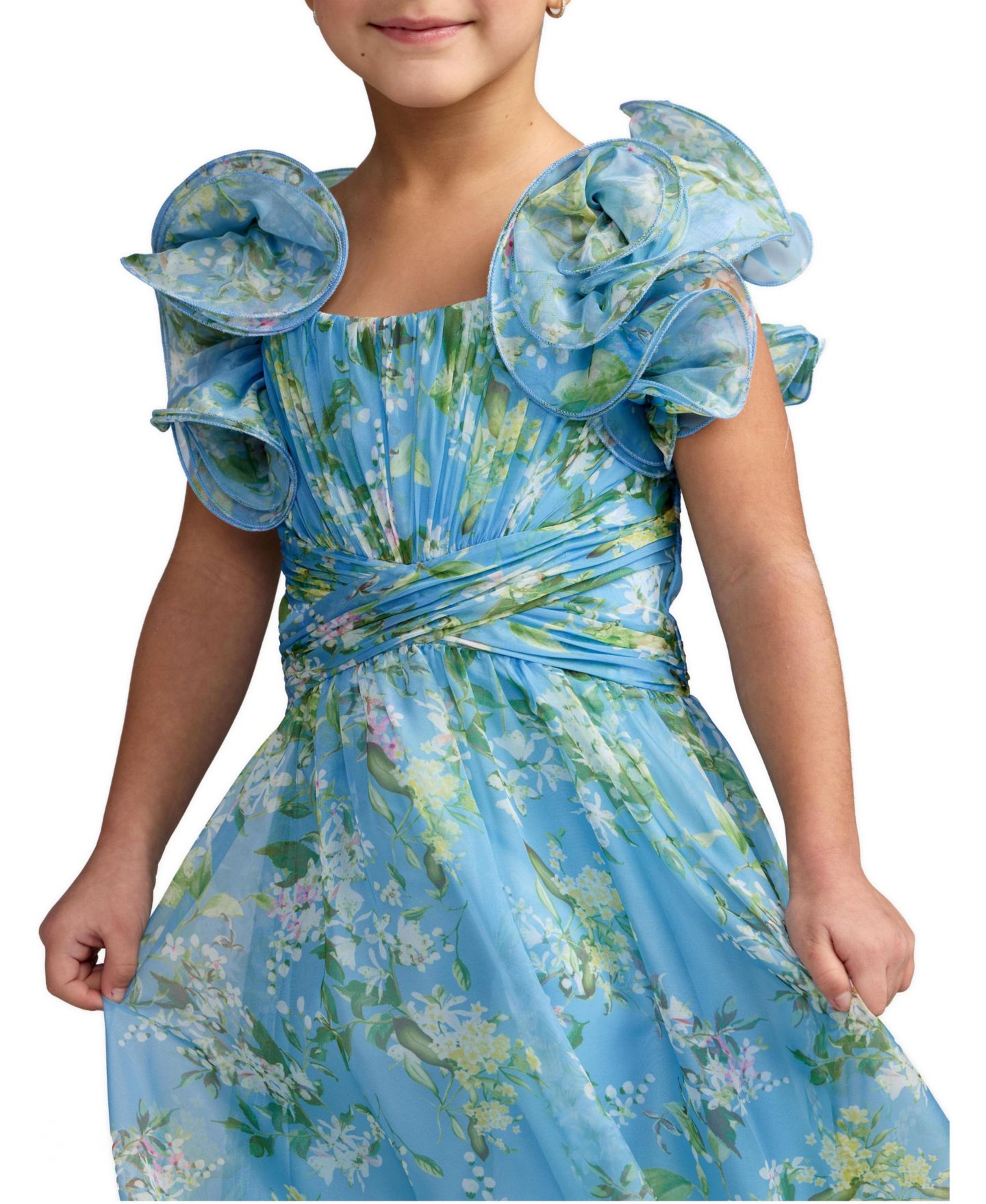 Платье Mac Duggal Children's Ruffle Shoulder Chiffon Gown для девочек, цвет: Синий разноцветный — фото 3