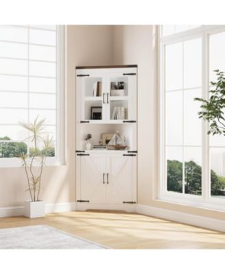 Rustic Farmhouse Tall Corner Storage Cabinet with Glass Doors & Adjustable Shelves, Corner Display Cabinet for Kitchen