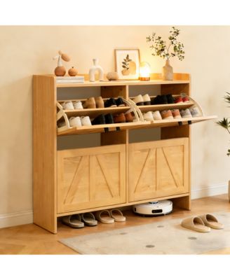 Modern Farmhouse Shoe Cabinet - 4 Flip Drawers and Adjustable Shelves, Entryway Organizer for Living Room, Hallway, Light Oak