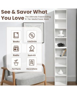 8-Tier Tall Narrow Bookshelf, Slim Storage Cabinet & Display Bookcase with Adjustable Shelves for Living Room, Office