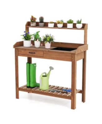 Garden Workstation Table with Drawer and Storage Shelves