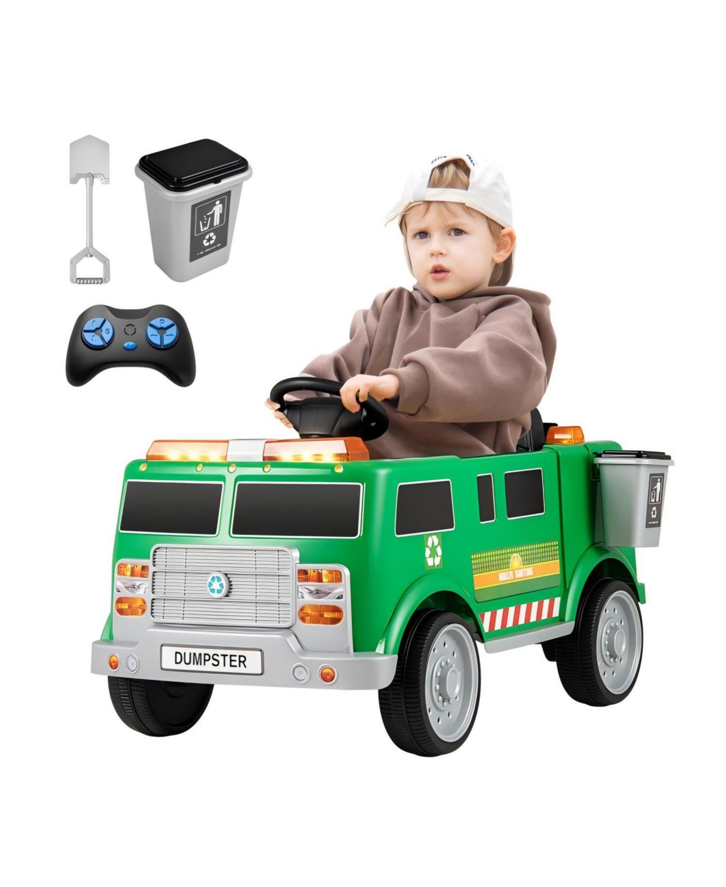 Детская игрушка HONGGE 12V Battery-Powered Electric Vehicle with Remote Control and Trash Bin, цвет: Зелёный — фото 6
