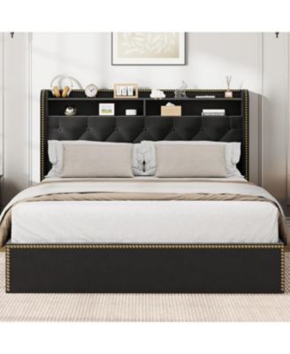 Upholstered  Bed Frame with Storage Drawers, Velvet King Platform Bed with Tufted Headboard and Nailhead Trim Design, No Box Spring Needed