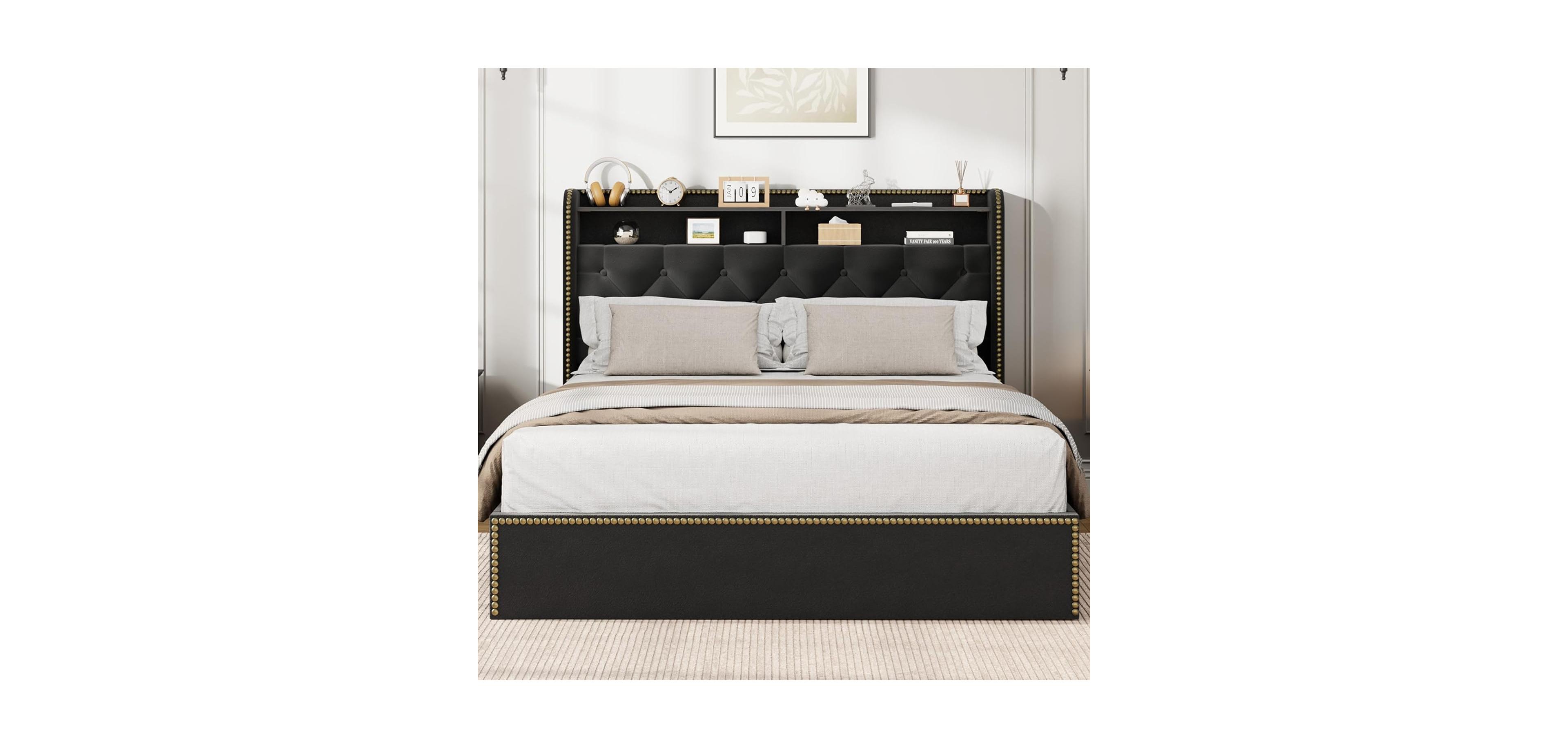 gaomon Upholstered Bed Frame with Storage Drawers, Velvet King Platform Bed with Tufted Headboard and Nailhead Trim Design, No Box Spring Needed