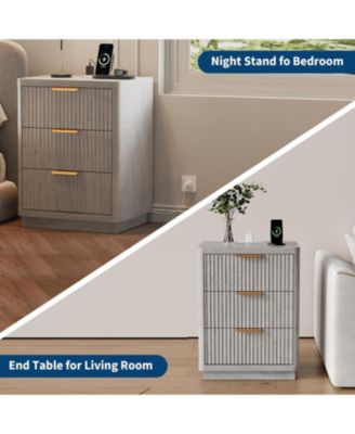 Fluted Farmhouse Night Stand, Fluted Nightstand with Charging Station, FlutedNightstand Bedroom with 3 Drawers