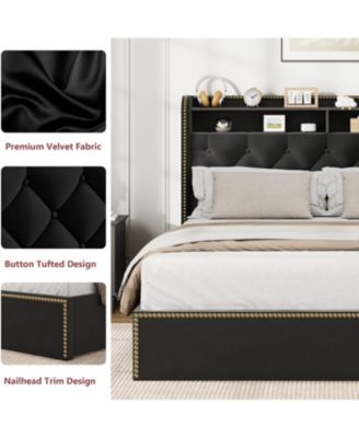 Upholstered  Bed Frame with Storage Drawers, Velvet King Platform Bed with Tufted Headboard and Nailhead Trim Design, No Box Spring Needed