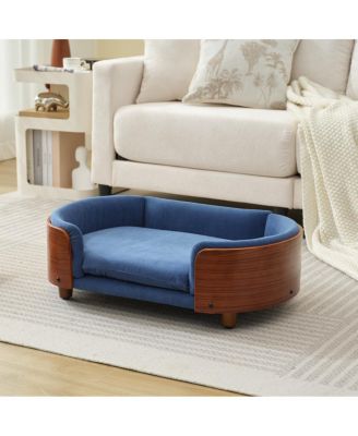 Mid-Century Wood Pet Bed with Velvet Cushion