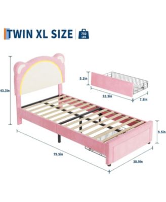  Kids Velvet Bed Frame with LED Lights, Adjustable Bear Headboard , Under-Bed Storage, Solid Wood Slats, Noise-Free