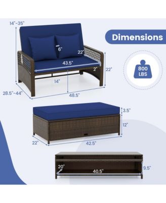 Patio Rattan Daybed Wicker Loveseat Sofa w/ Multifunctional Ottoman