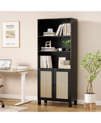 71" Tall Bookshelf, 5 Tier Wood Storage Bookcase with Rattan Doors, Ample Storage Space for Living Room, Home Office