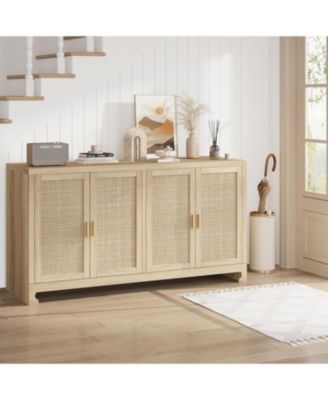 60 in Farmhouse Rattan Buffet Cabinet - 4-Door Woven Storage Sideboard with Adjustable Shelves