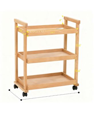 Solid Beechwood Art Cart with 3-Tier Shelves and Swivel Wheels