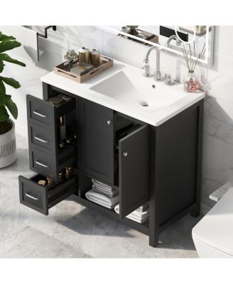 36" Bathroom Vanity with Ceramic Sink, Freestanding Cabinet with Tip-Out & Side Drawers, Adjustable Shelf, Modern Storage