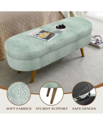 Oval Storage Ottoman Bench - Upholstered End of Bed Bench with Safety Hinge Flip Top and Solid Wood Legs for Bedroom (Cyan)