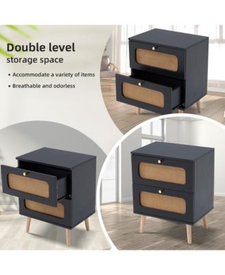2-Drawers Rattan Nightstand, Handwoven Bedside Table End Table with Solid Wood Legs for Bedroom and Living Room