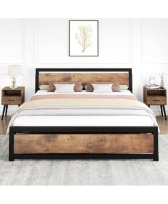 Bed Frame with Wood Headboard, Industrial Platform Bed with Heavy Duty Slat Support